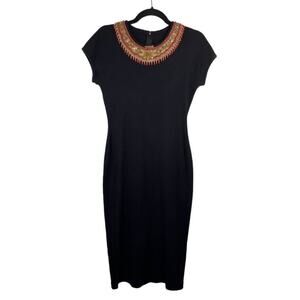 Beaded Sweater Midi Dress Womens Small  Holiday Black Fitted Cocktail Dress